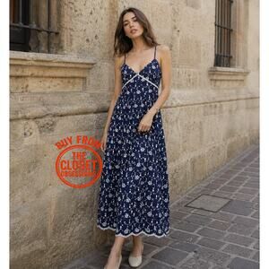 Zara Navy Floral Embroidered Midi Dress Strappy V Neck A-Line Summer NWT Size M